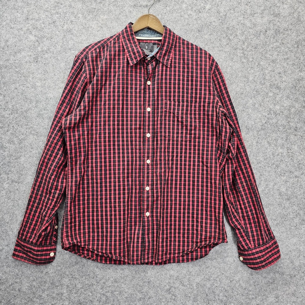 Flannel Shirt Mens Medium Red Black Plaid HAWKINGS MCGILL Chambray Trim Preppy